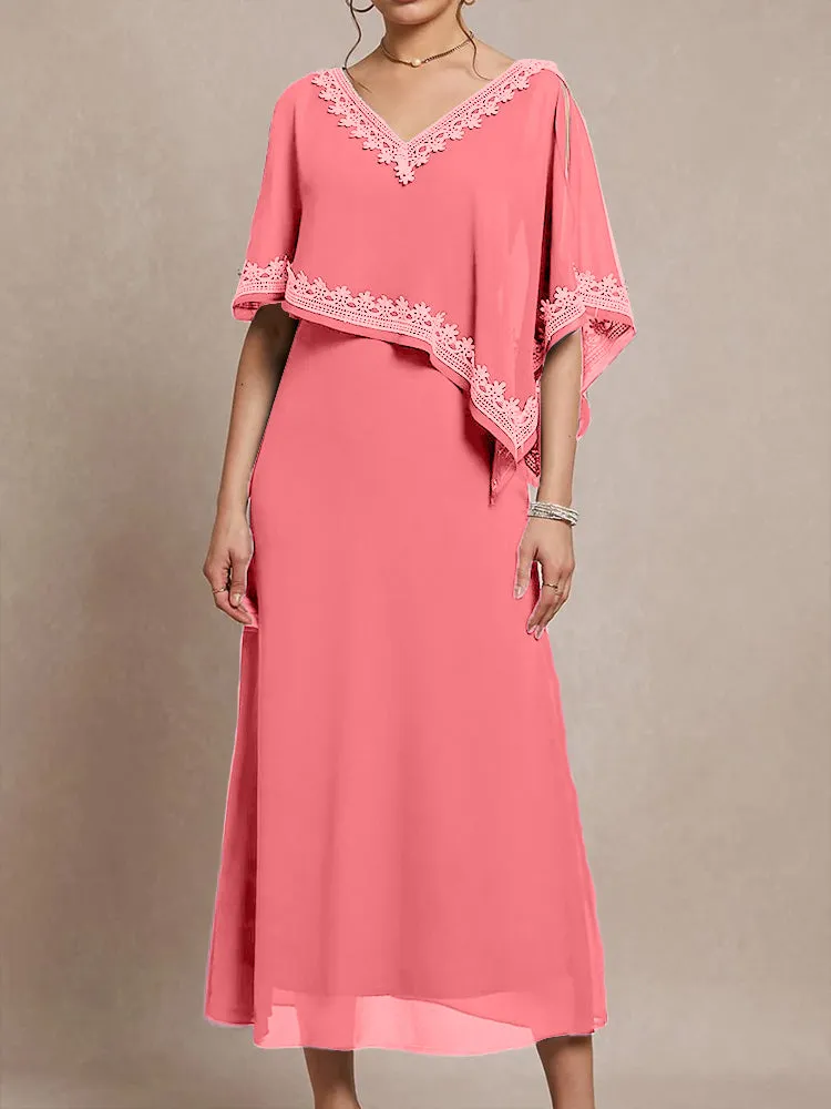 Half Sleeves V-neck Tea Length Embellished Cape Chiffon Mother Of The Bride Dress