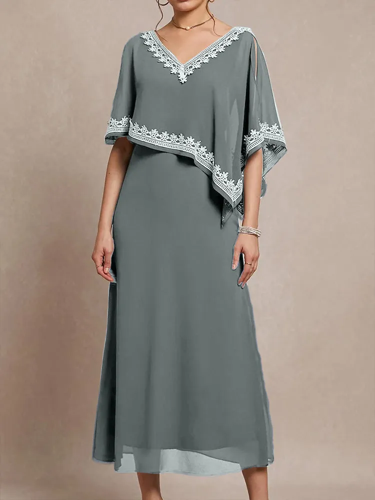 Half Sleeves V-neck Tea Length Embellished Cape Chiffon Mother Of The Bride Dress