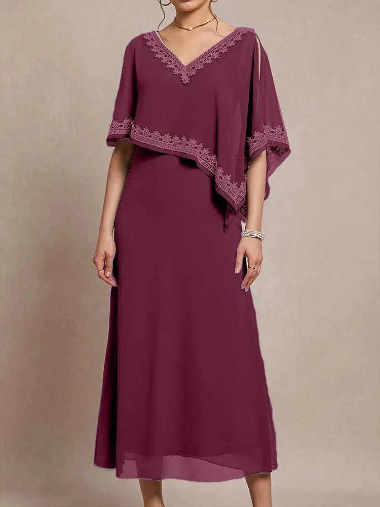 Half Sleeves V-neck Tea Length Embellished Cape Chiffon Mother Of The Bride Dress