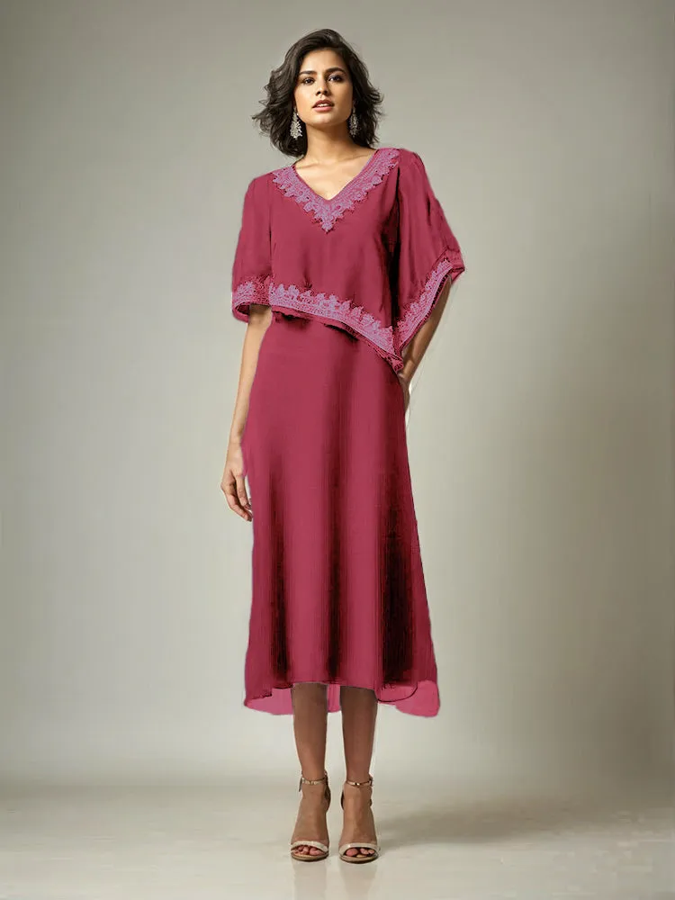 Half Sleeves V-neck Tea Length Embellished Cape Chiffon Mother Of The Bride Dress