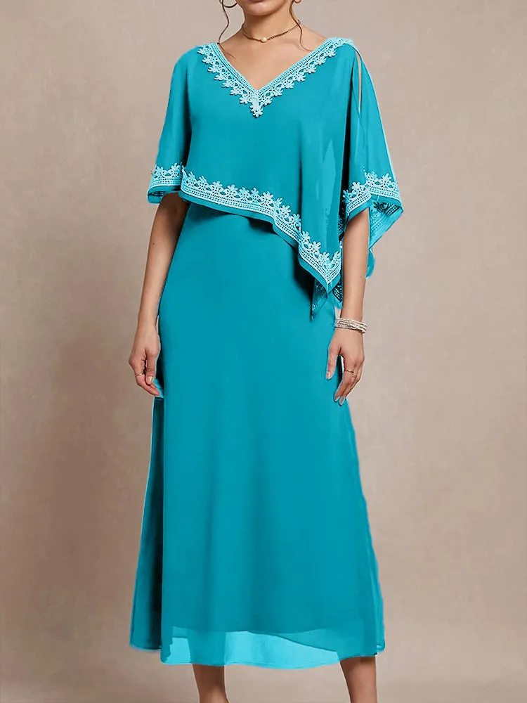 Half Sleeves V-neck Tea Length Embellished Cape Chiffon Mother Of The Bride Dress