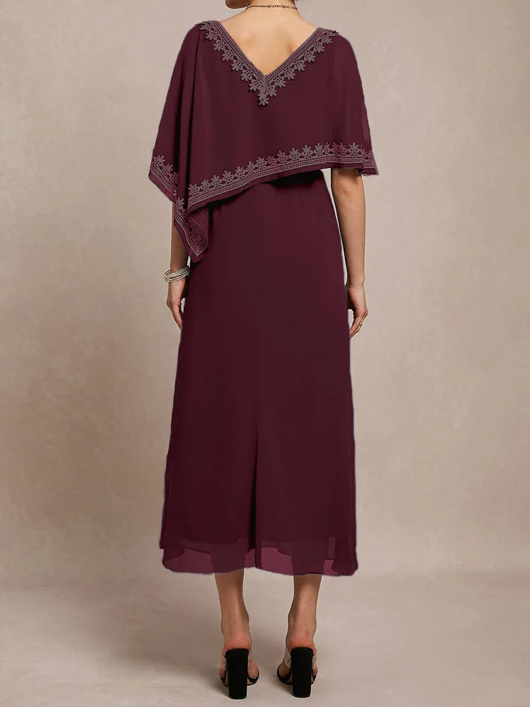 Half Sleeves V-neck Tea Length Embellished Cape Chiffon Mother Of The Bride Dress