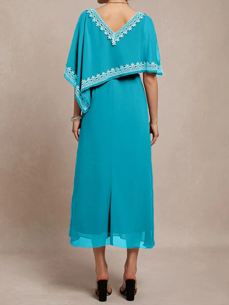 Half Sleeves V-neck Tea Length Embellished Cape Chiffon Mother Of The Bride Dress