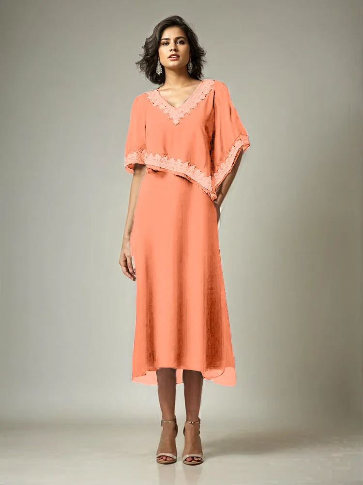 Half Sleeves V-neck Tea Length Embellished Cape Chiffon Mother Of The Bride Dress