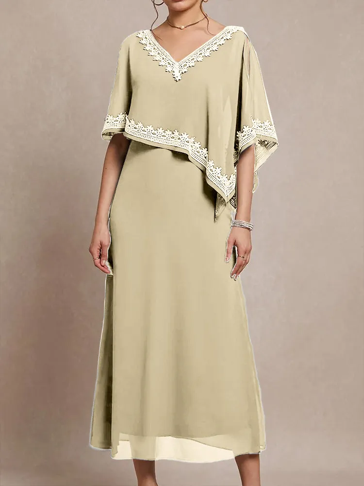 Half Sleeves V-neck Tea Length Embellished Cape Chiffon Mother Of The Bride Dress