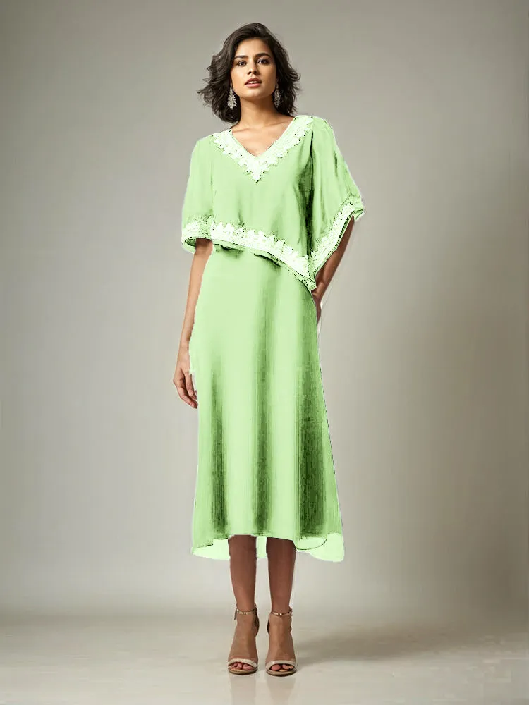 Half Sleeves V-neck Tea Length Embellished Cape Chiffon Mother Of The Bride Dress