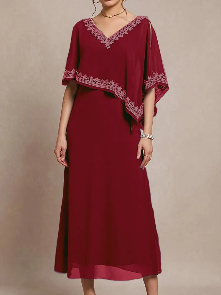 Half Sleeves V-neck Tea Length Embellished Cape Chiffon Mother Of The Bride Dress