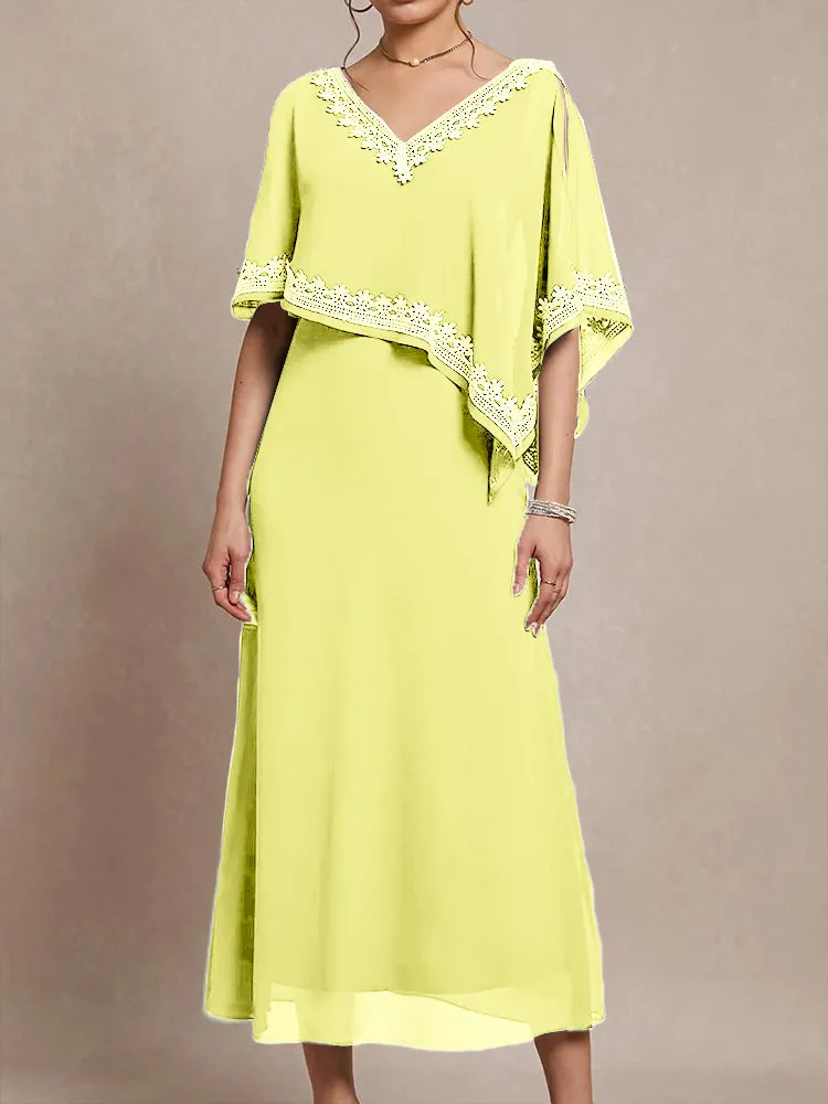 Half Sleeves V-neck Tea Length Embellished Cape Chiffon Mother Of The Bride Dress