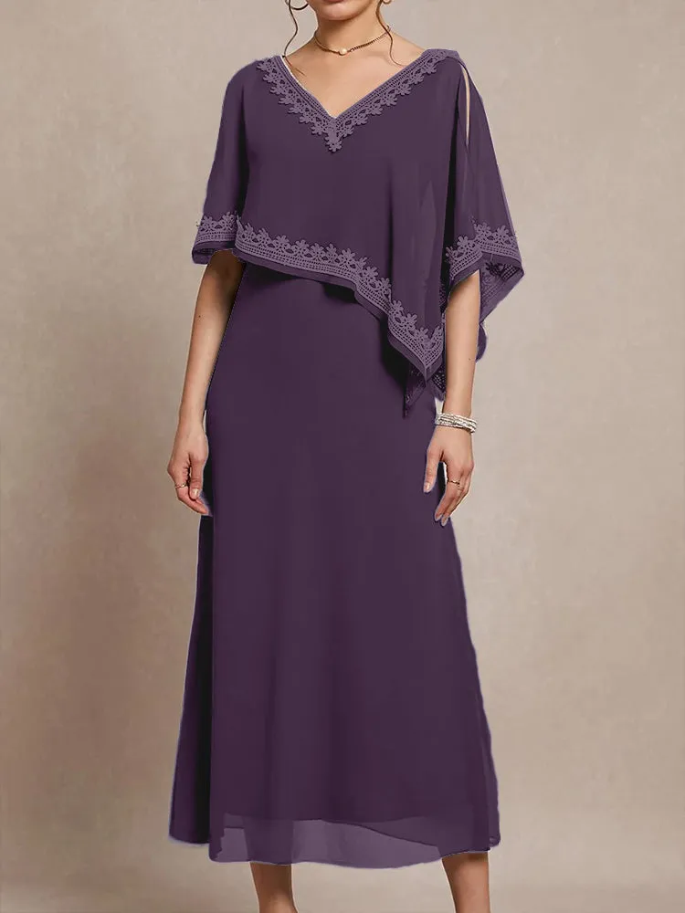 Half Sleeves V-neck Tea Length Embellished Cape Chiffon Mother Of The Bride Dress