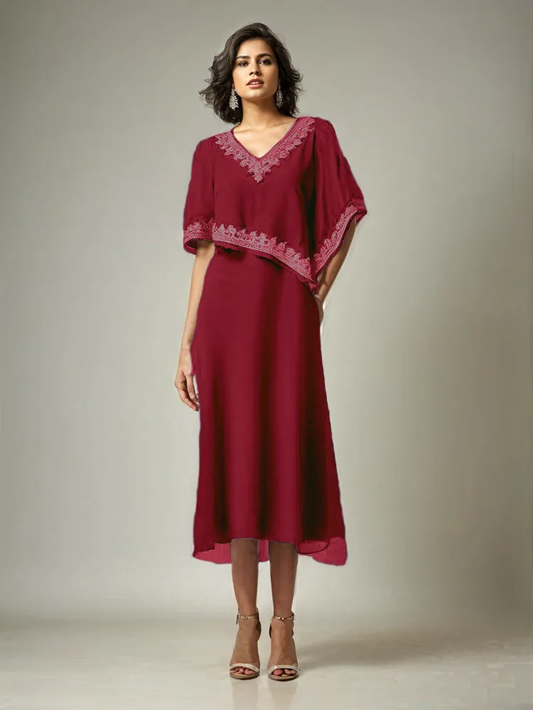 Half Sleeves V-neck Tea Length Embellished Cape Chiffon Mother Of The Bride Dress