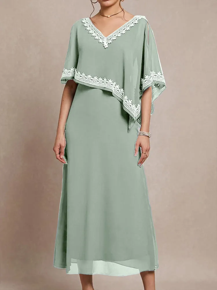 Half Sleeves V-neck Tea Length Embellished Cape Chiffon Mother Of The Bride Dress