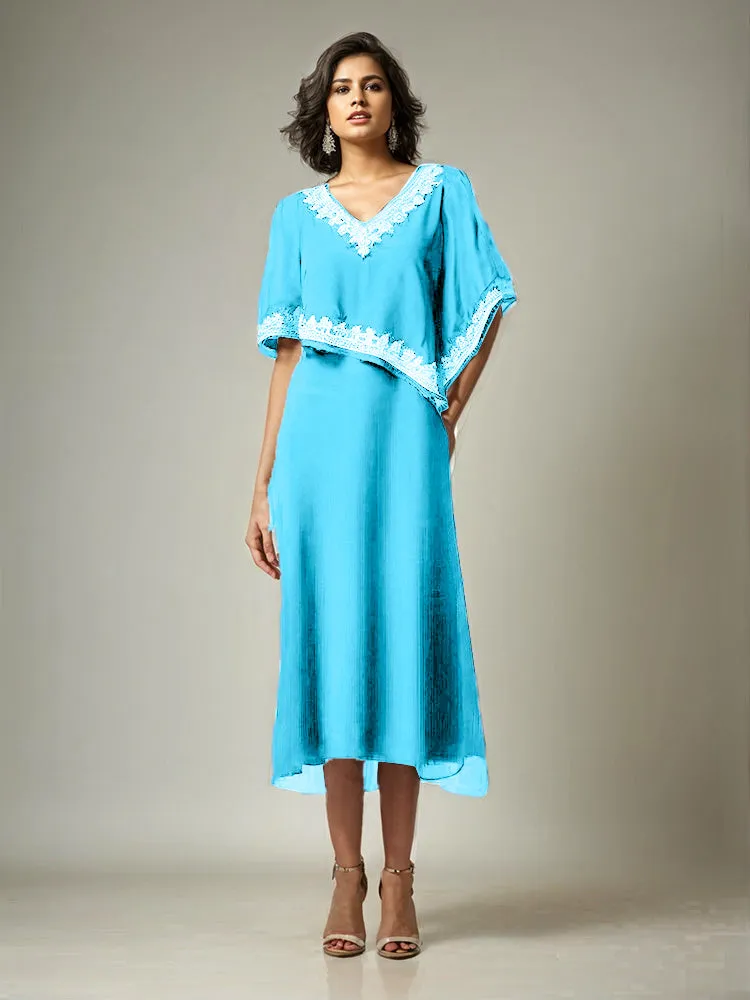 Half Sleeves V-neck Tea Length Embellished Cape Chiffon Mother Of The Bride Dress