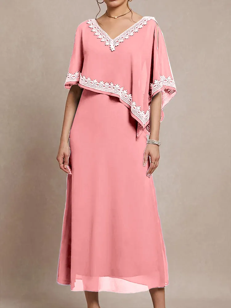 Half Sleeves V-neck Tea Length Embellished Cape Chiffon Mother Of The Bride Dress