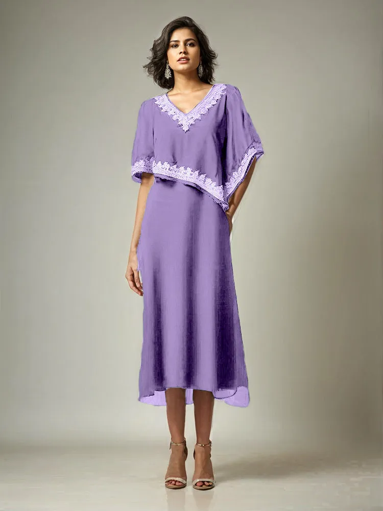 Half Sleeves V-neck Tea Length Embellished Cape Chiffon Mother Of The Bride Dress