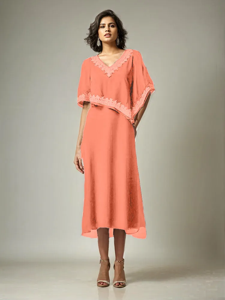 Half Sleeves V-neck Tea Length Embellished Cape Chiffon Mother Of The Bride Dress