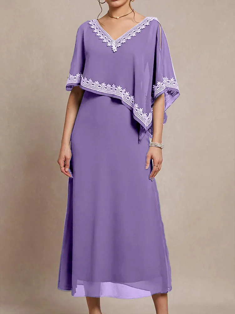 Half Sleeves V-neck Tea Length Embellished Cape Chiffon Mother Of The Bride Dress