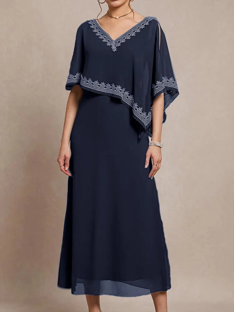 Half Sleeves V-neck Tea Length Embellished Cape Chiffon Mother Of The Bride Dress