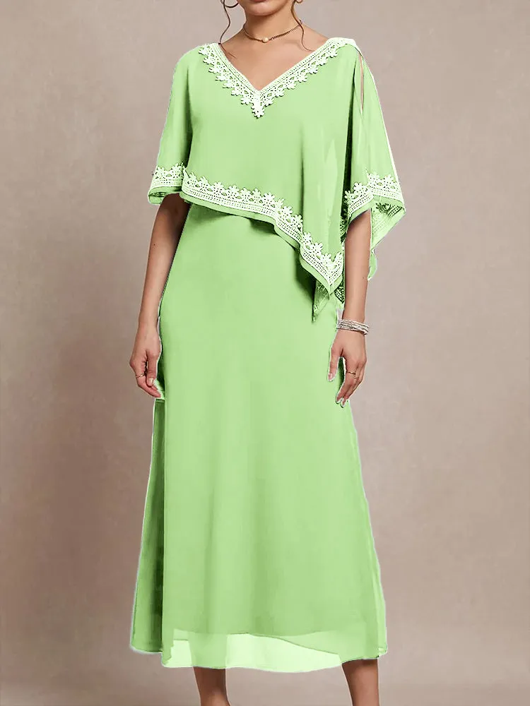 Half Sleeves V-neck Tea Length Embellished Cape Chiffon Mother Of The Bride Dress