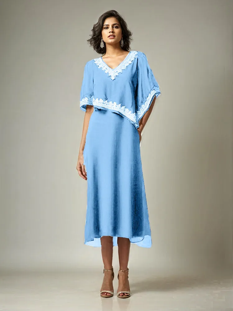 Half Sleeves V-neck Tea Length Embellished Cape Chiffon Mother Of The Bride Dress