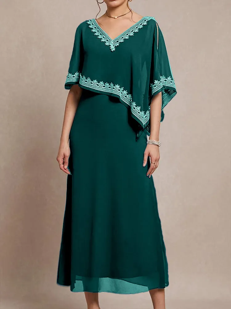 Half Sleeves V-neck Tea Length Embellished Cape Chiffon Mother Of The Bride Dress