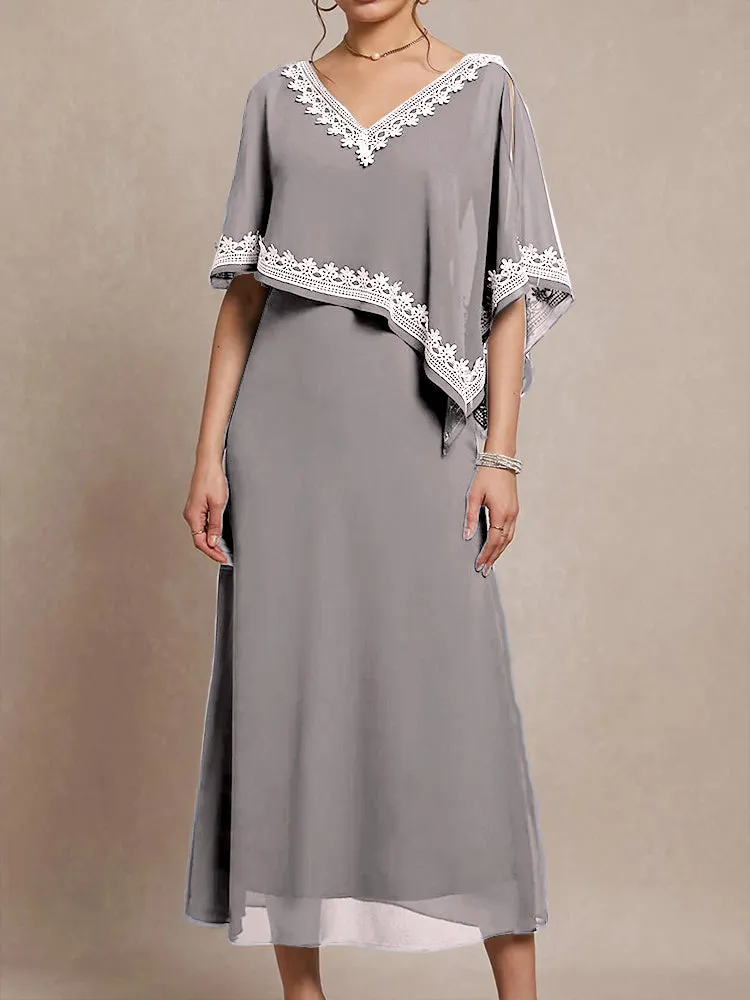 Half Sleeves V-neck Tea Length Embellished Cape Chiffon Mother Of The Bride Dress