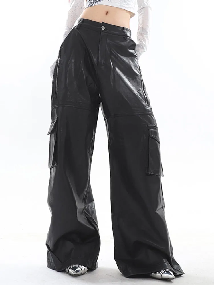 High Streetwear PU Leather Wide Leg Cargo Pants