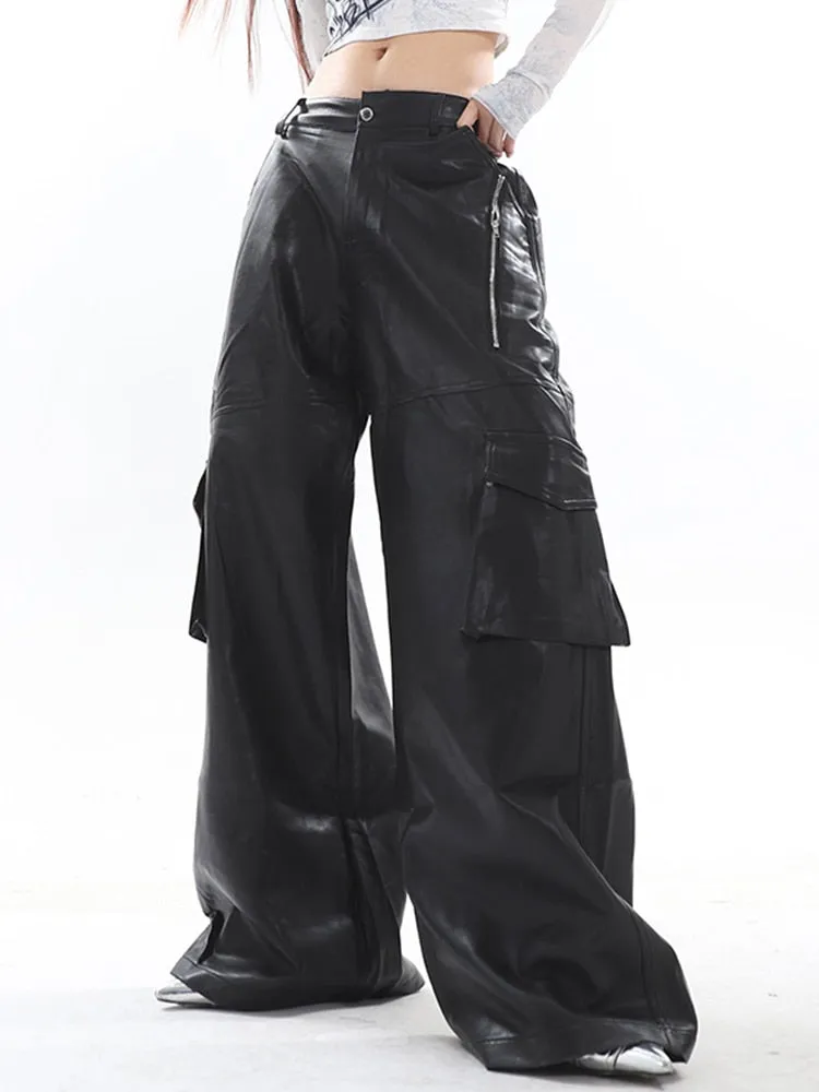 High Streetwear PU Leather Wide Leg Cargo Pants