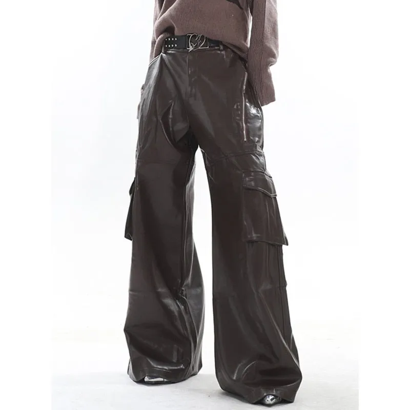 High Streetwear PU Leather Wide Leg Cargo Pants