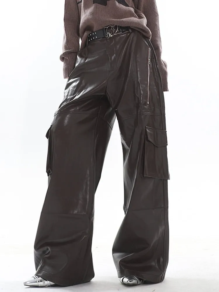 High Streetwear PU Leather Wide Leg Cargo Pants