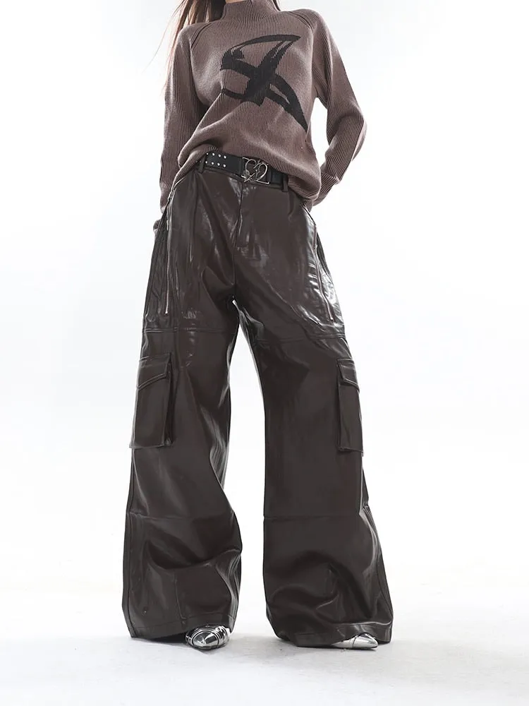 High Streetwear PU Leather Wide Leg Cargo Pants