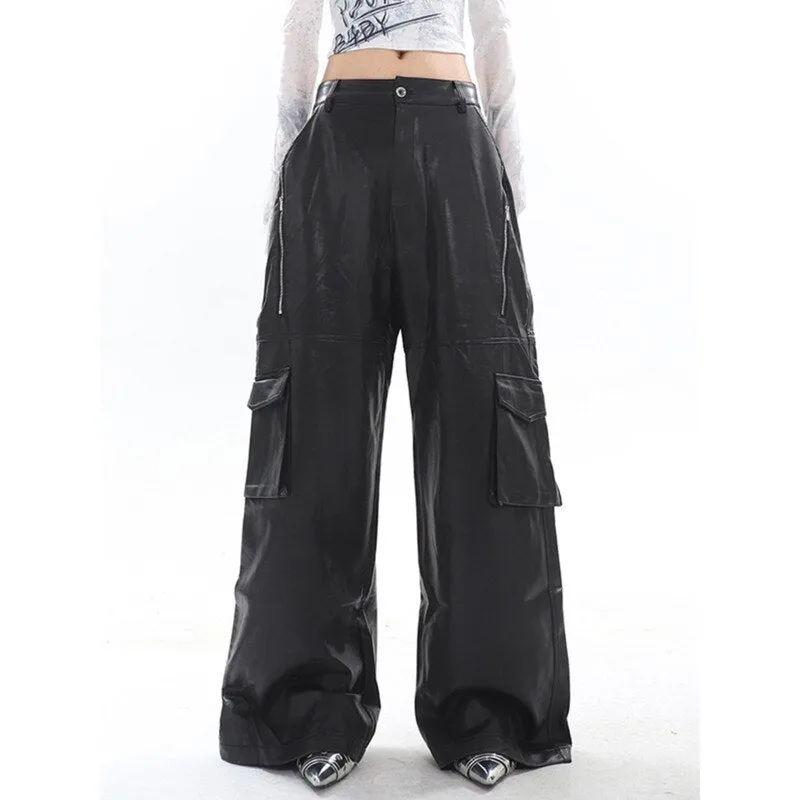 High Streetwear PU Leather Wide Leg Cargo Pants