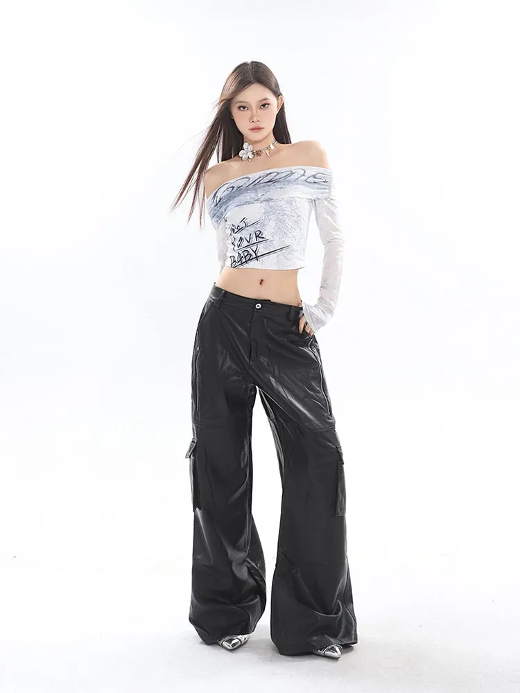 High Streetwear PU Leather Wide Leg Cargo Pants