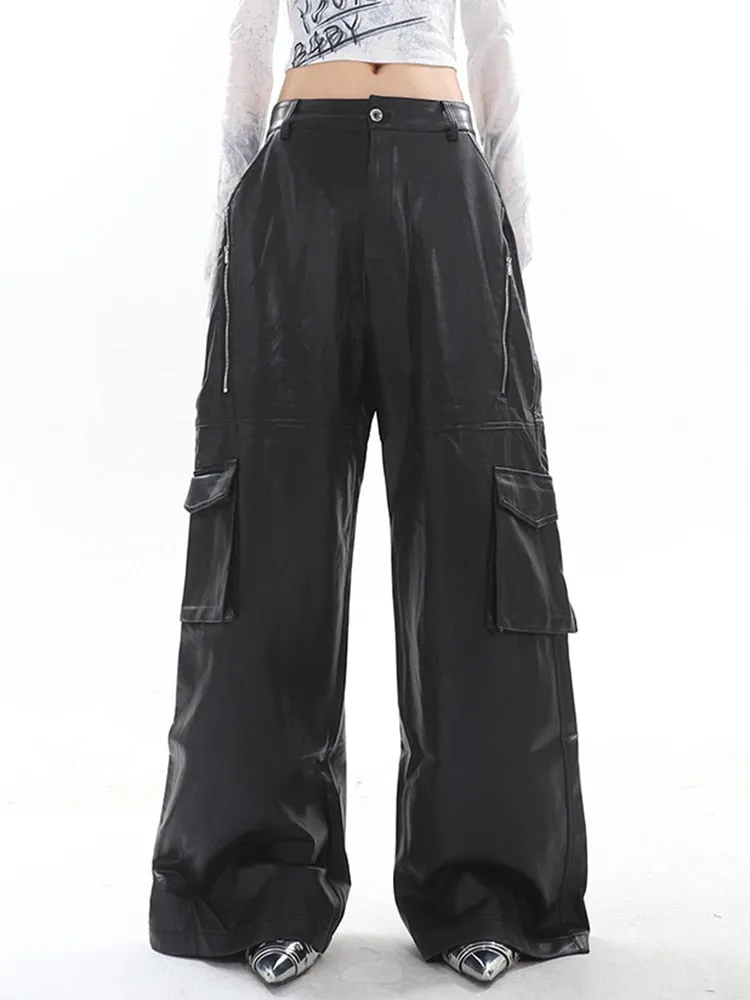 High Streetwear PU Leather Wide Leg Cargo Pants