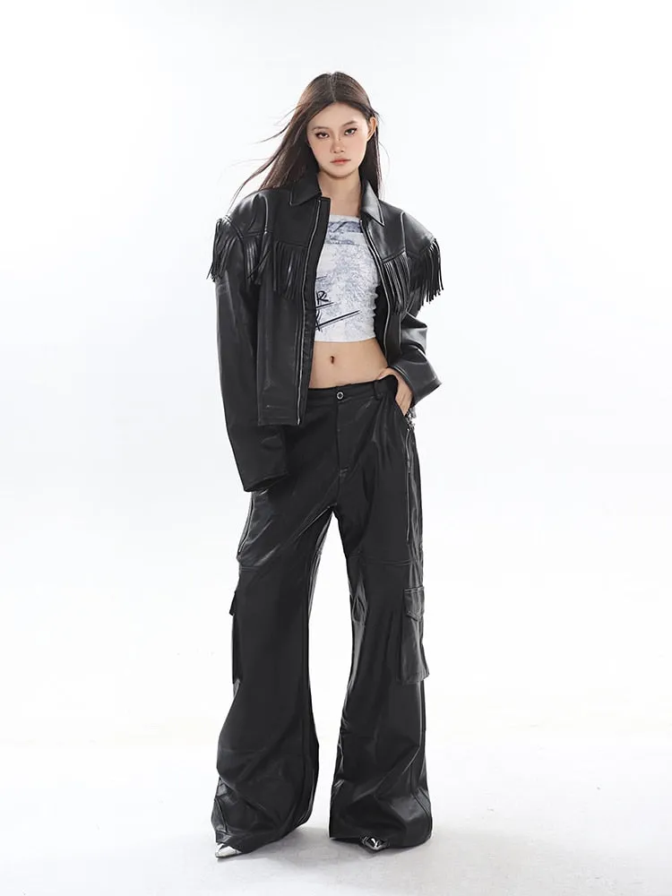 High Streetwear PU Leather Wide Leg Cargo Pants