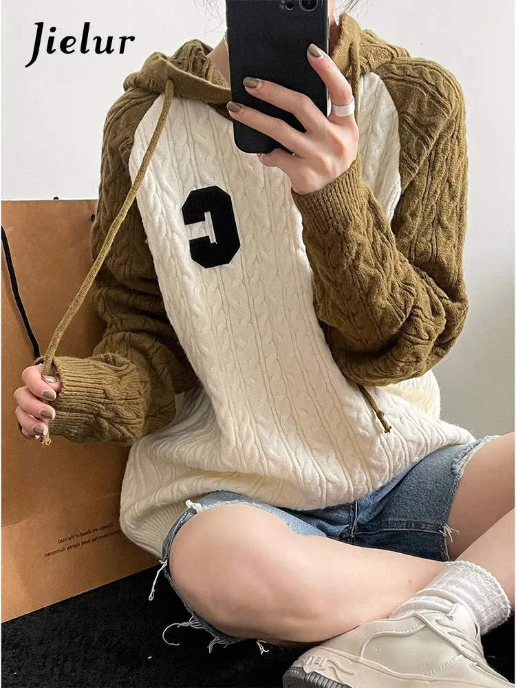 Hooded Twist Sweaters Women Autumn Winter Loose Fashion Korean Knit Sweater Spell Color Patchwork Letter Pullover