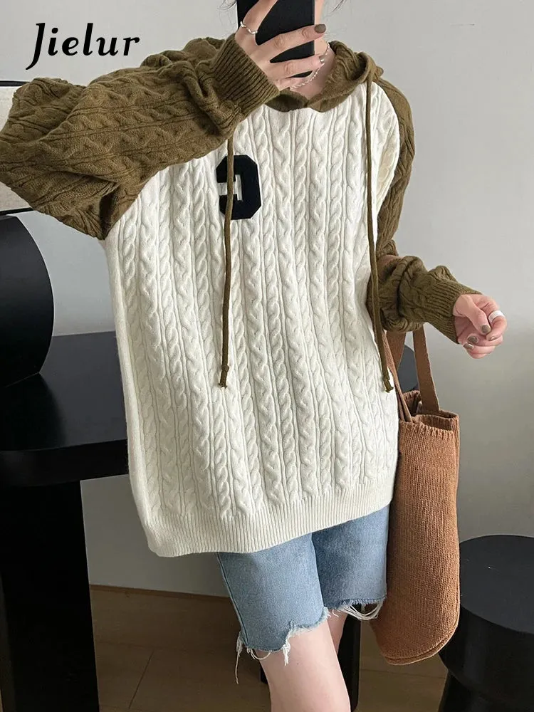 Hooded Twist Sweaters Women Autumn Winter Loose Fashion Korean Knit Sweater Spell Color Patchwork Letter Pullover