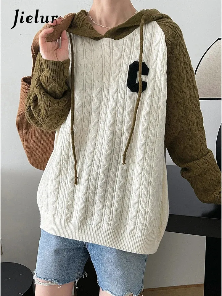 Hooded Twist Sweaters Women Autumn Winter Loose Fashion Korean Knit Sweater Spell Color Patchwork Letter Pullover