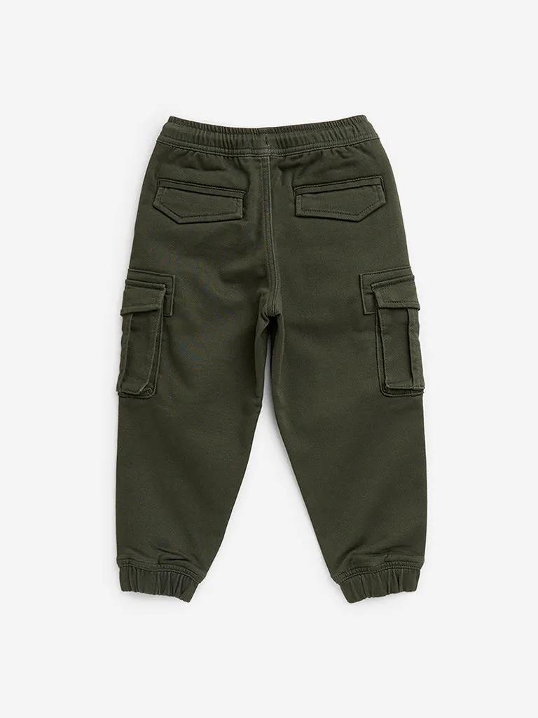 HOP Kids Olive Cargo-Style Mid-Rise Cotton Blend Joggers