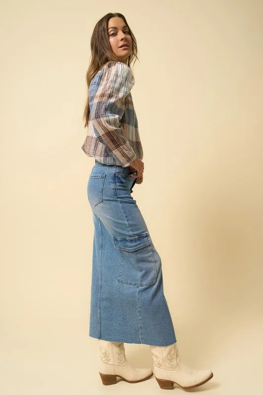 Hot Girl Denim Lab Cargo Maxi Skirt In Medium Wash