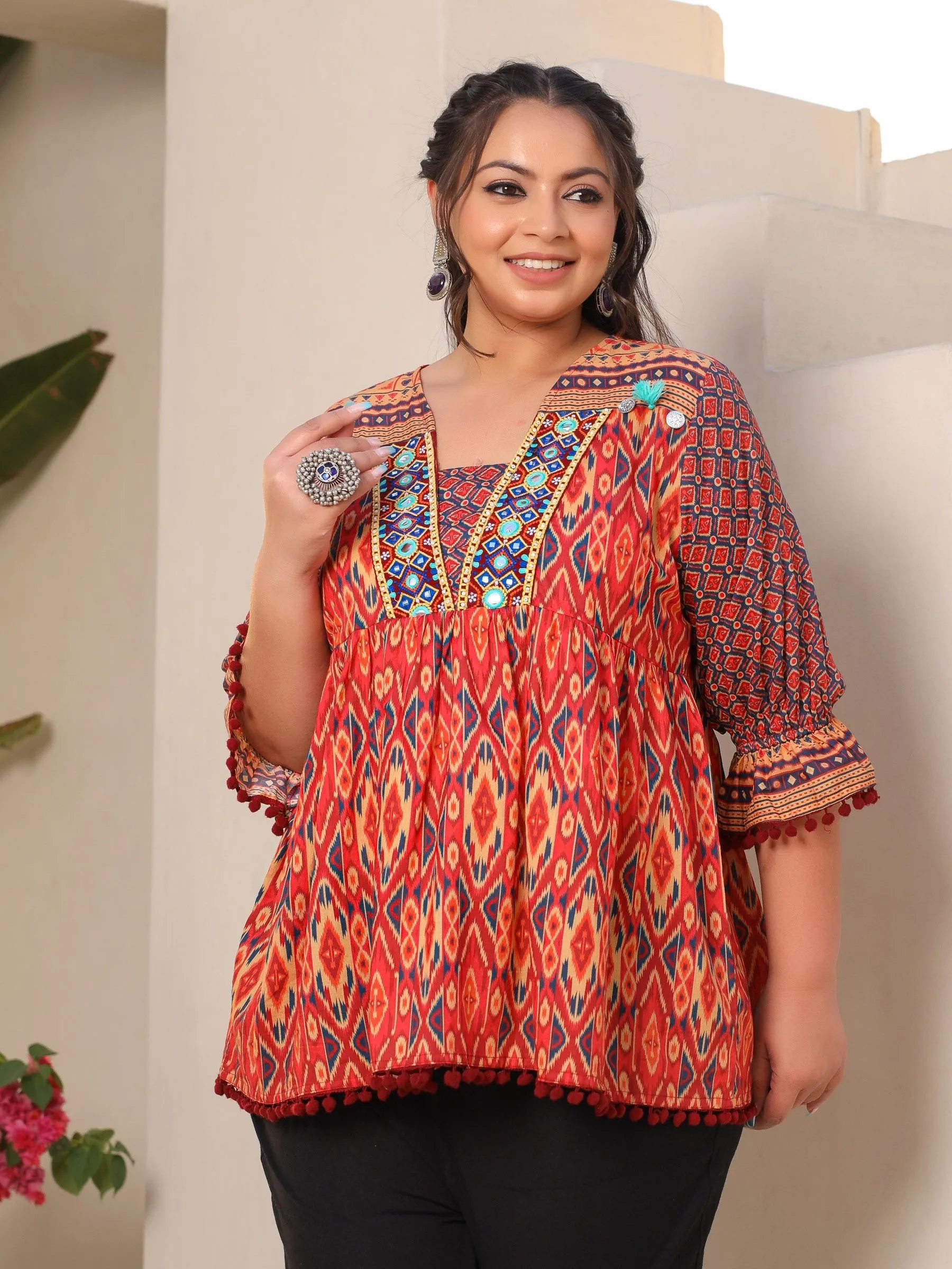 Jashvi Orange Ikat Printed Peplum Cotton Plus Size Tunic With Mirror Work & Lace