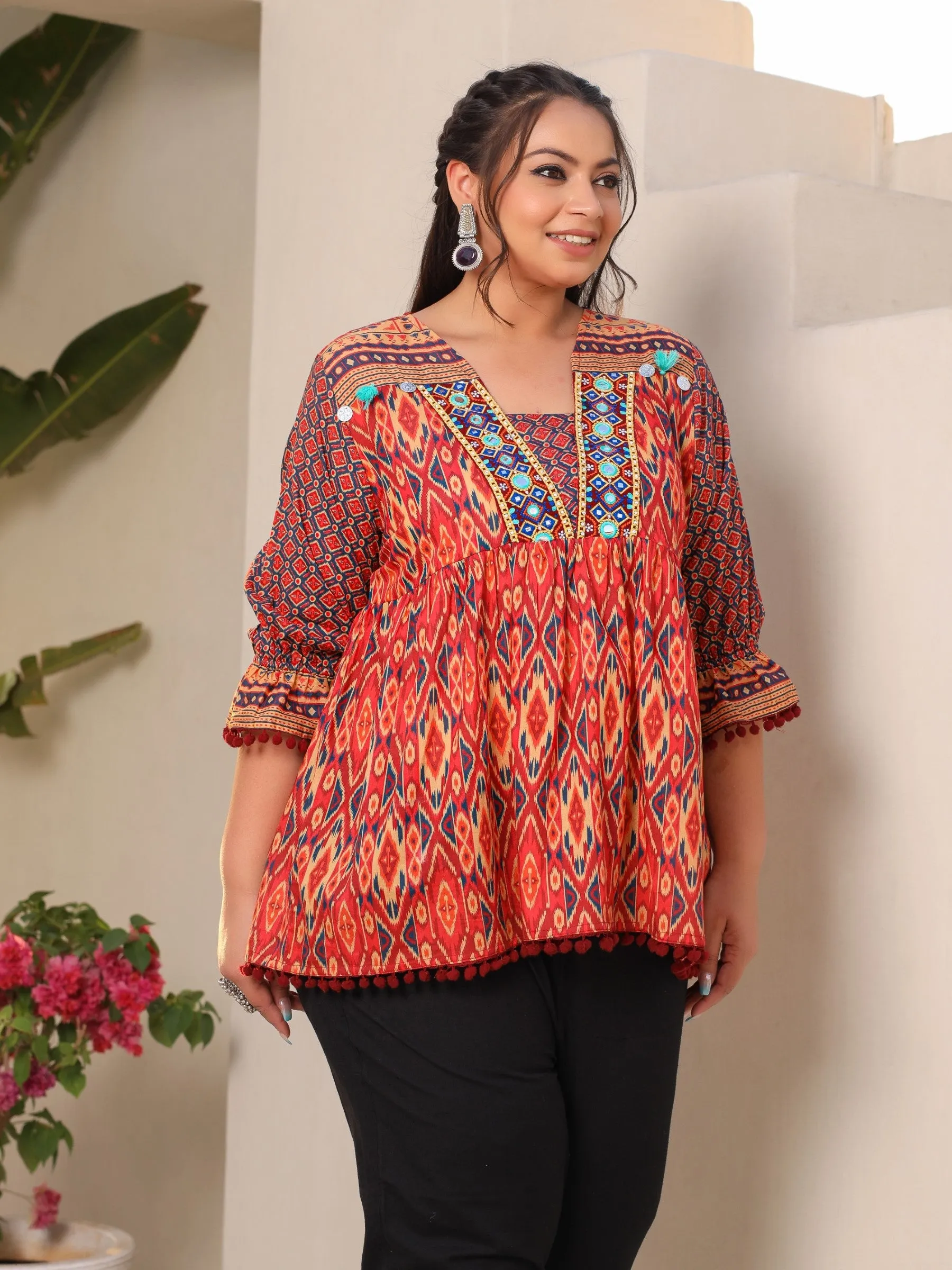 Jashvi Orange Ikat Printed Peplum Cotton Plus Size Tunic With Mirror Work & Lace