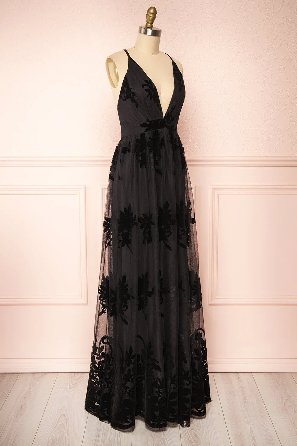 Kailania Black | Plunging Neckline Mesh Maxi Gown