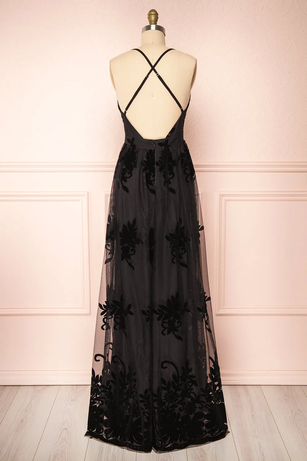 Kailania Black | Plunging Neckline Mesh Maxi Gown