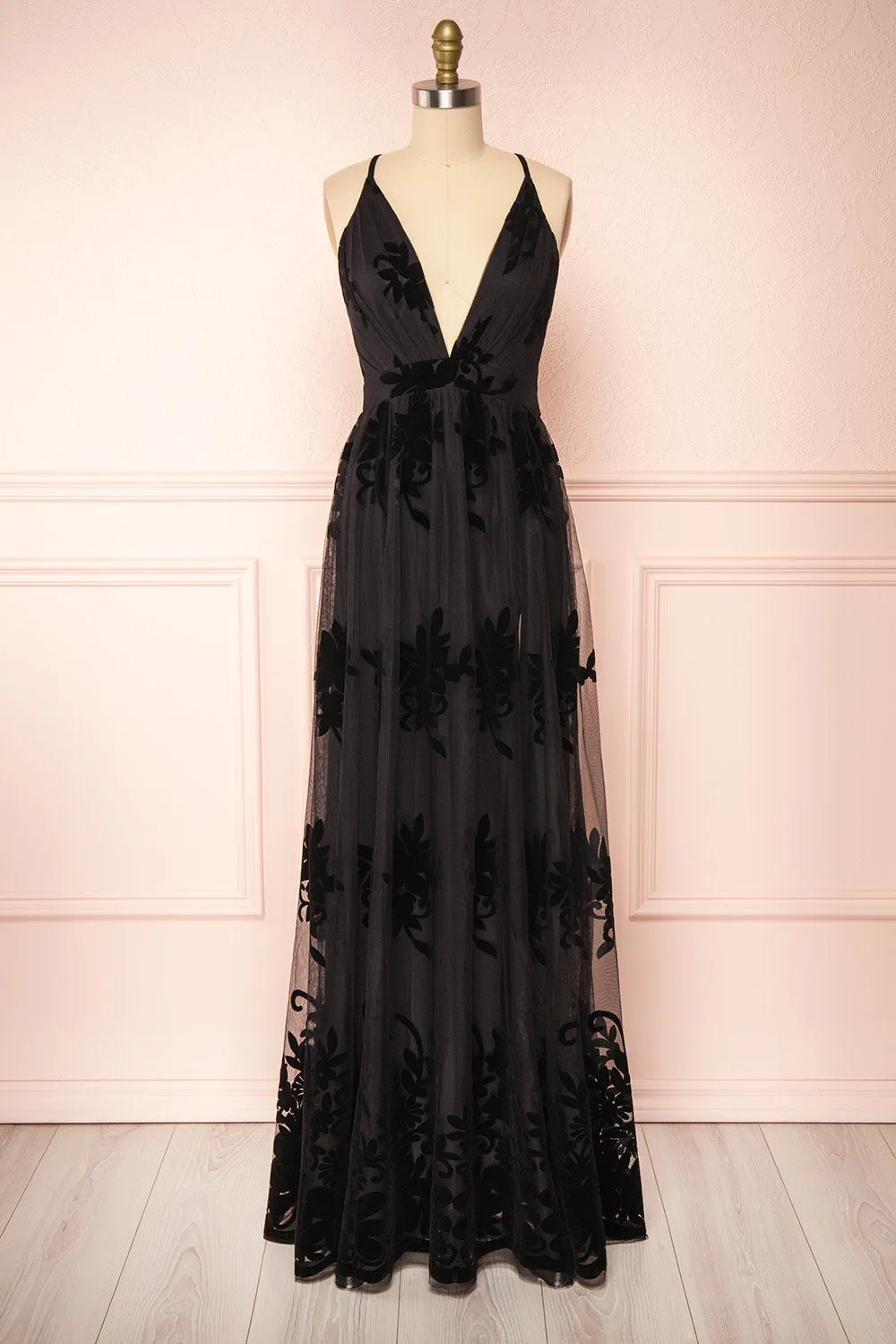 Kailania Black | Plunging Neckline Mesh Maxi Gown