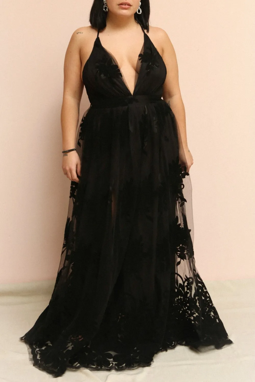 Kailania Black | Plunging Neckline Mesh Maxi Gown