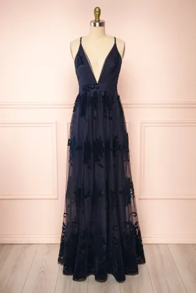 Kailania Navy | Plunging Neckline Mesh Maxi Gown