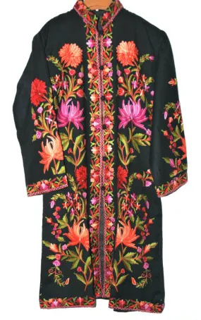 Kashmiri Woolen Coat Black, Multicolor Embroidery #AO-132