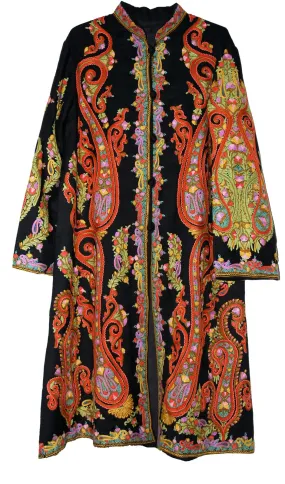 Kashmiri Woolen Coat Black, Multicolor Embroidery #AO-1602