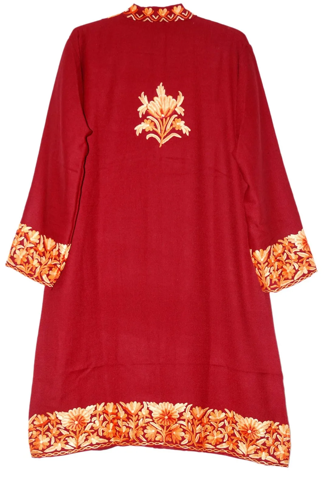 Kashmiri Woolen Coat Long Jacket Maroon, Rust Embroidery #BD-107