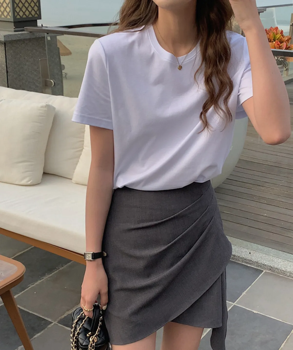 [Korean Style] Grey Black Asymmetrical Wrap Effect Mini Skirt